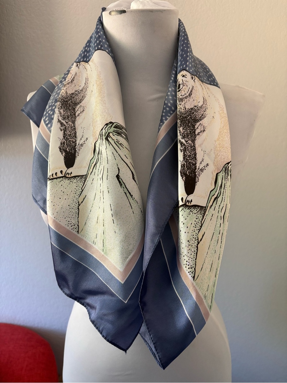 Vintage signed Tony Paine Skemo blue white polar Bear scarf in a satin finish